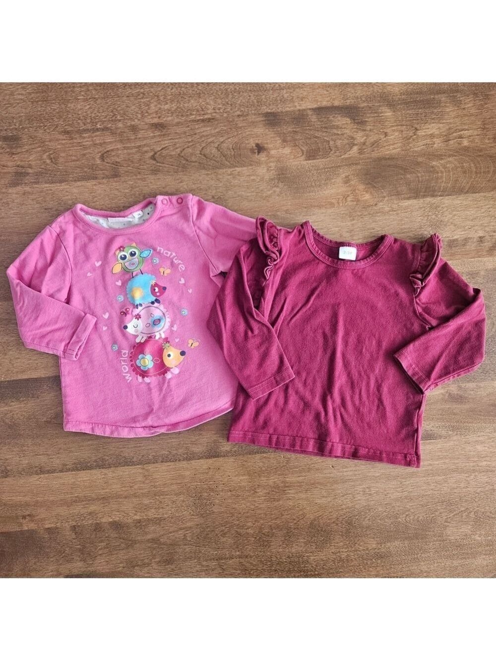 5/$25 Toddler Girls Long Sleeve Tops Pink Graphic & Burgundy Ruffle Size 2T